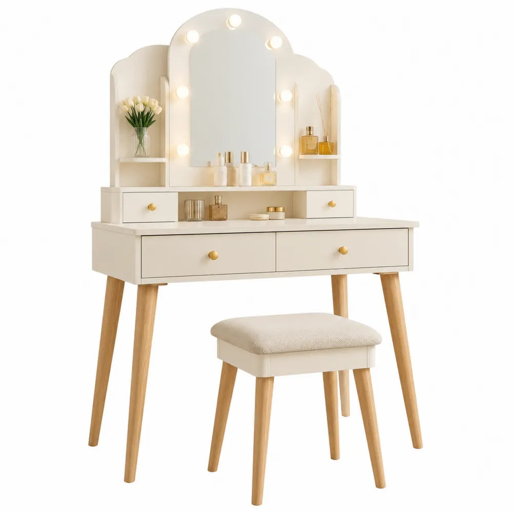 Toaletka z lustrem LED i taboretem, MDF, drewno bukowe, kremowa