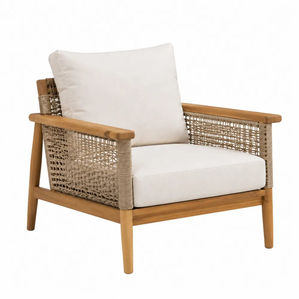 Fotel drewniany teakowy z syntetycznym oplotem, beżowy, 75cm x 80cm x 85cm