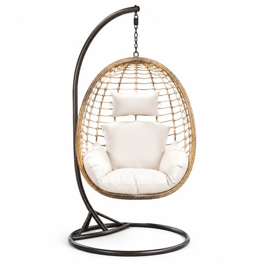 Fotel wiszący z technorattanu z poduszkami, beżowy, 150 cm