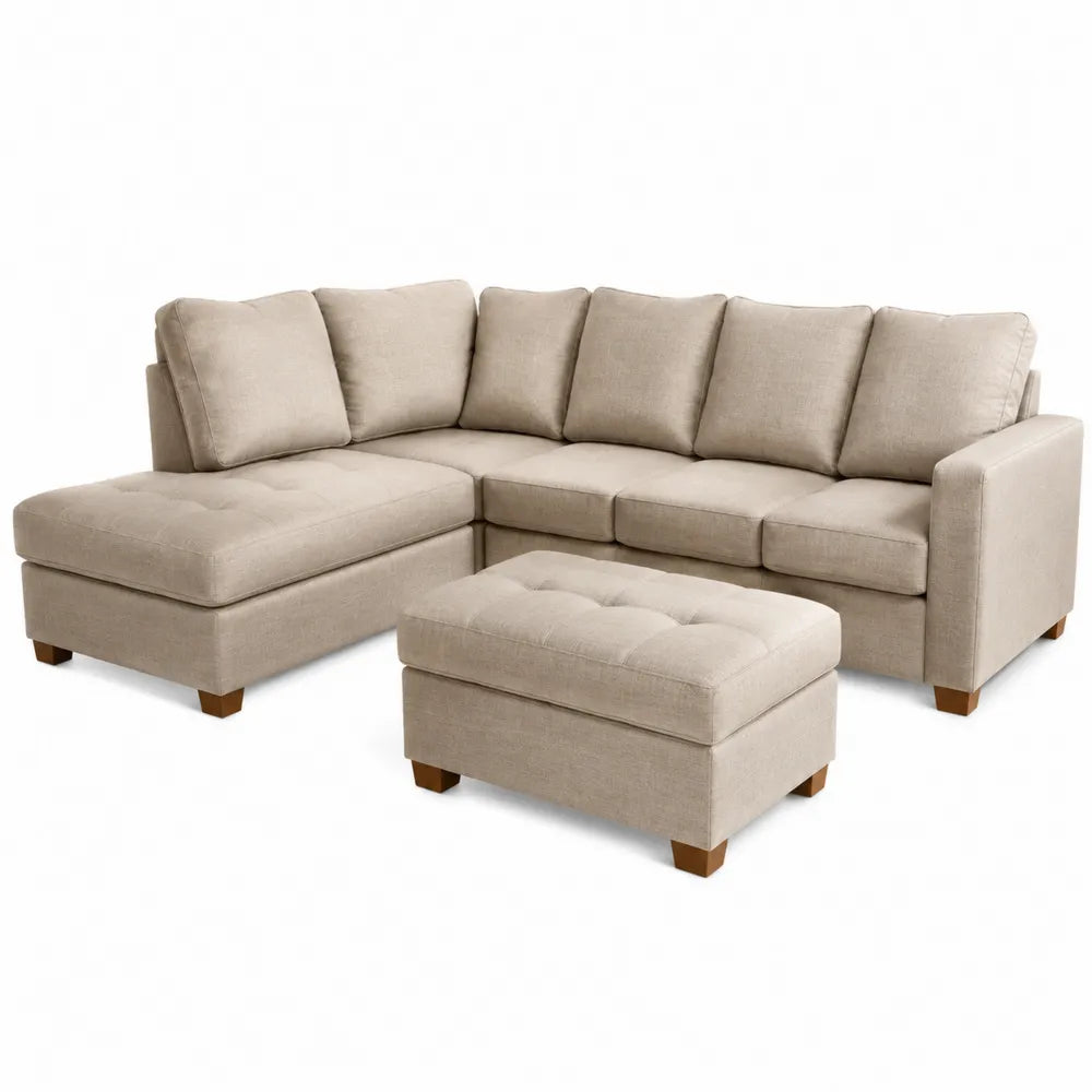 Modułowa sofa narożna z podnóżkiem z tkaniny, beżowa